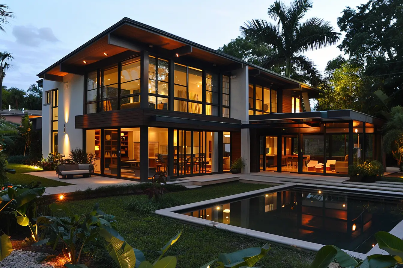 shot of modern south florida home from the backyard featuring large impact windows